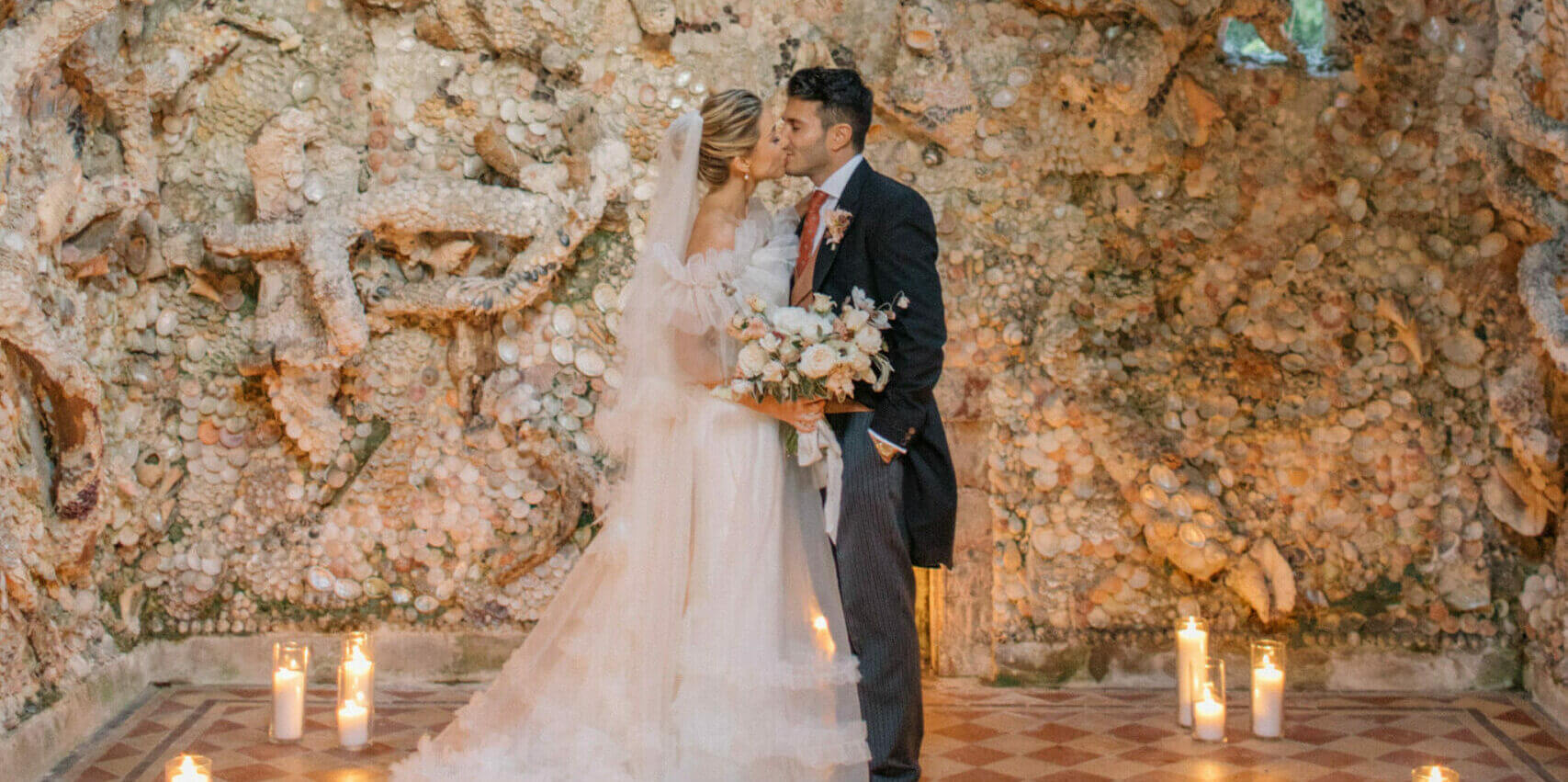Eccentric Character Shell Grotto Lucy & Shamus Wedding Kiss