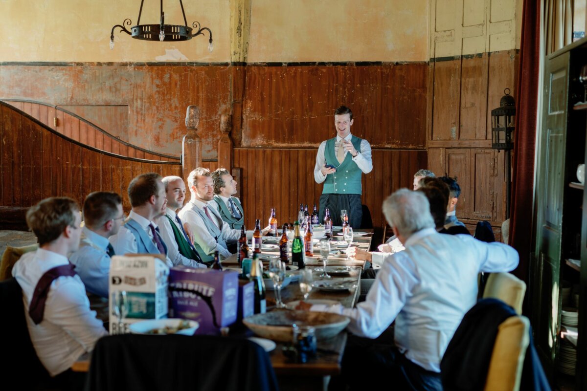 Emma and William Wedding Blog Post. Groomsmen in the Riding House with Breakfast